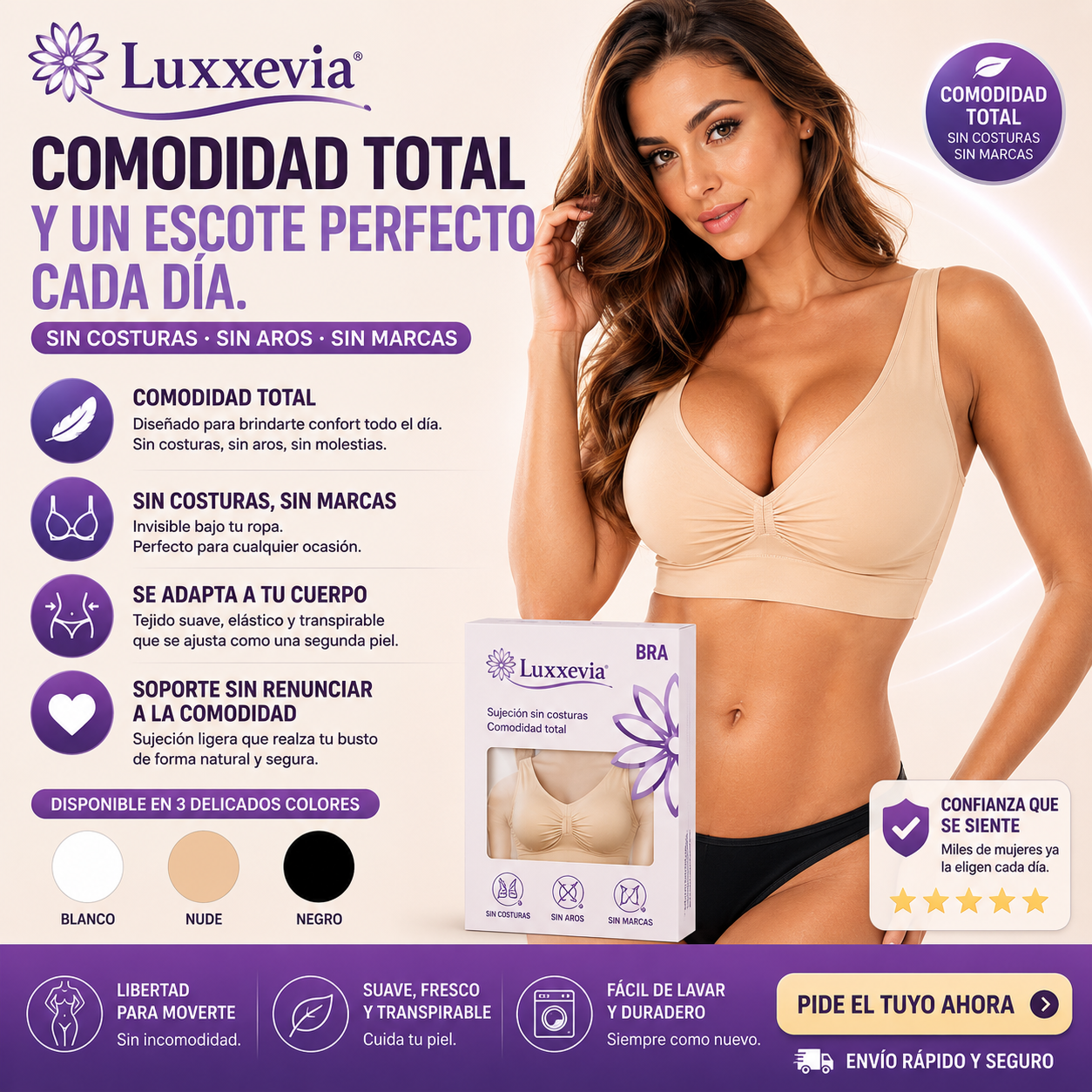 Luxxevia Push Up Bra — Sujetador Sin Costuras, Realce Natural (Set 3)