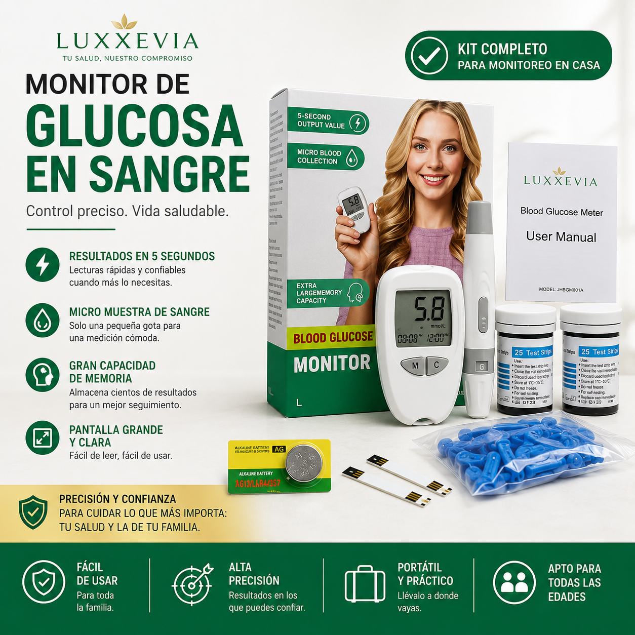 Medidor de Glucosa en Sangre Digital con 50 Tiras y Lancetas Estériles – Kit Completo para Monitoreo en Casa
