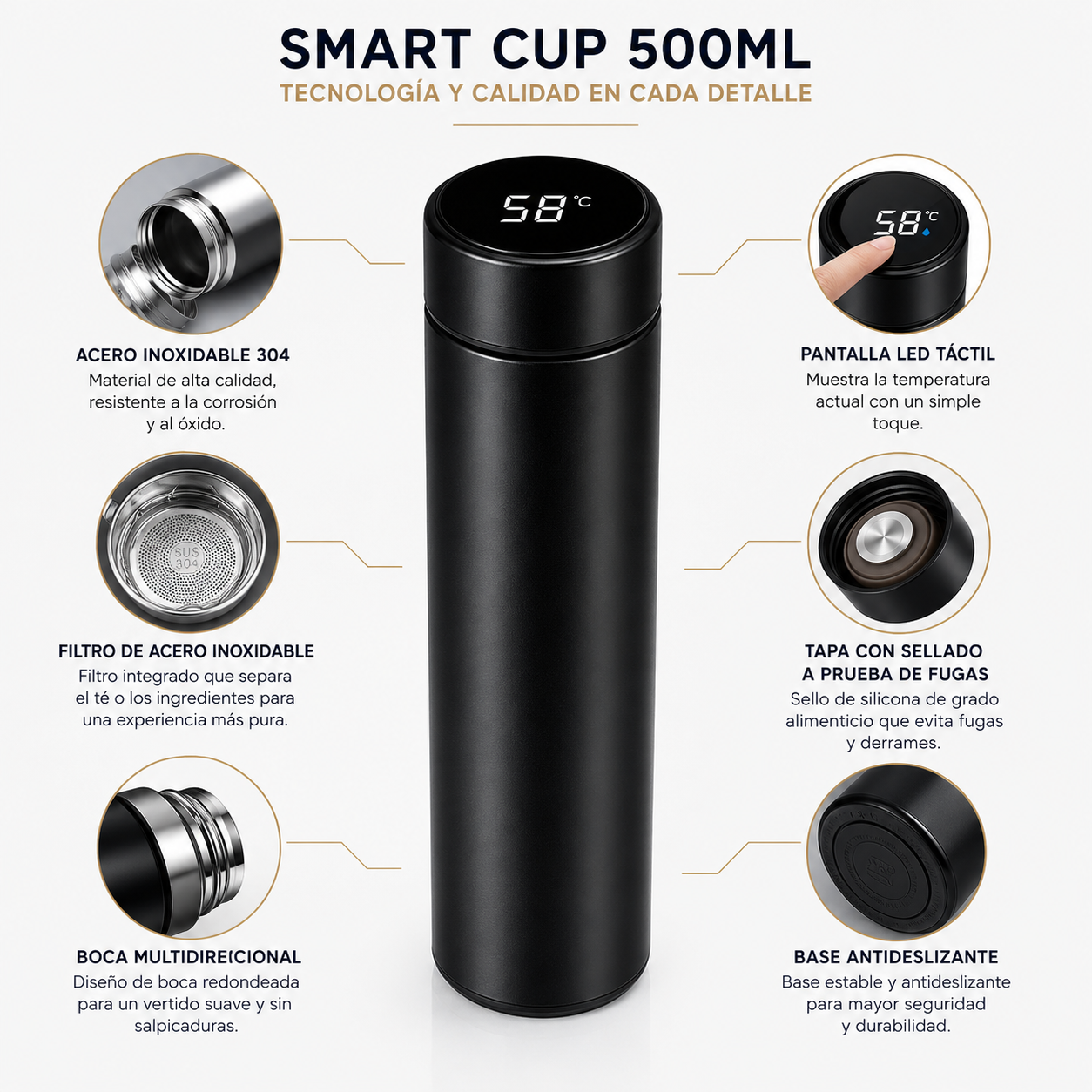 Termo en acero inoxidable 304 interior con capacidad de 500 ml