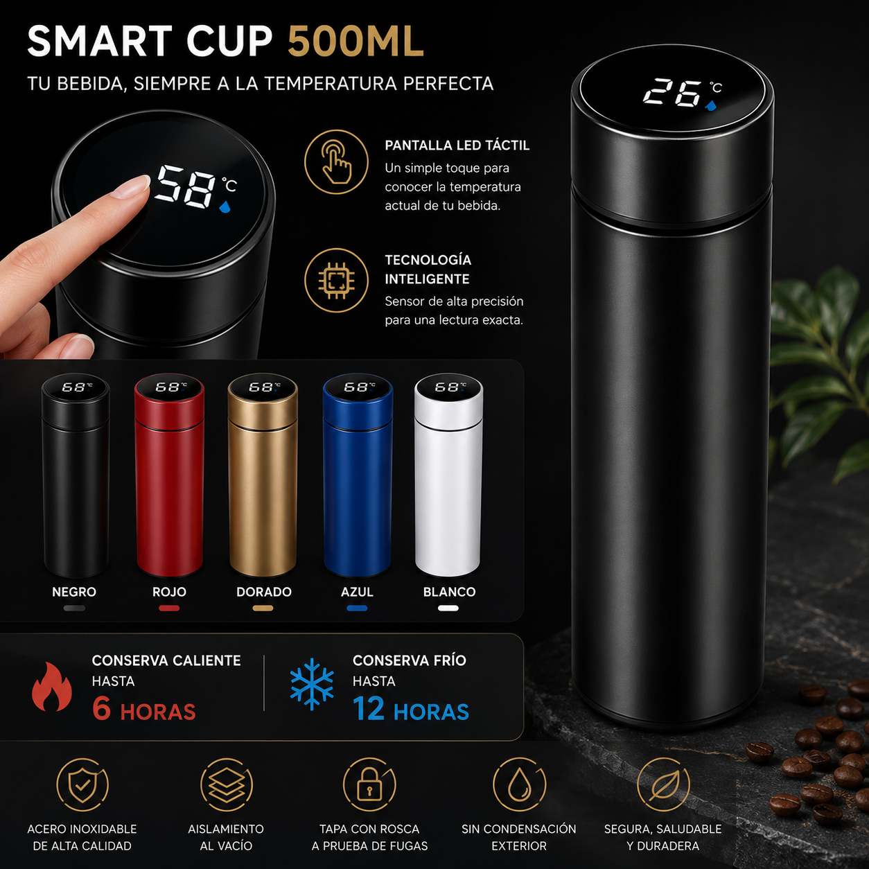 Termo en acero inoxidable 304 interior con capacidad de 500 ml