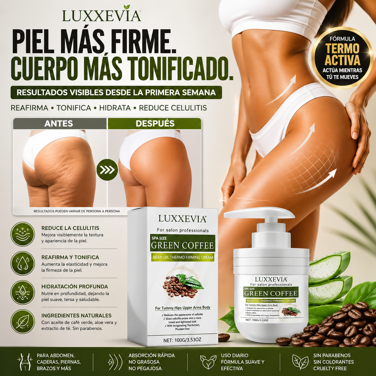 Crema Termo Reafirmante Con Aceite De Grano De Café Verde 100Ml.