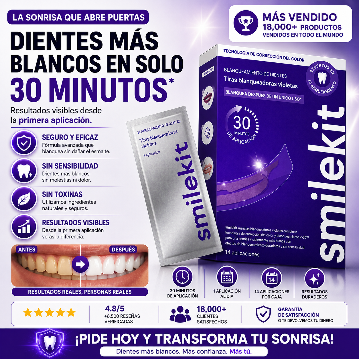 Tiras Blanqueadoras Moradas Smilekit