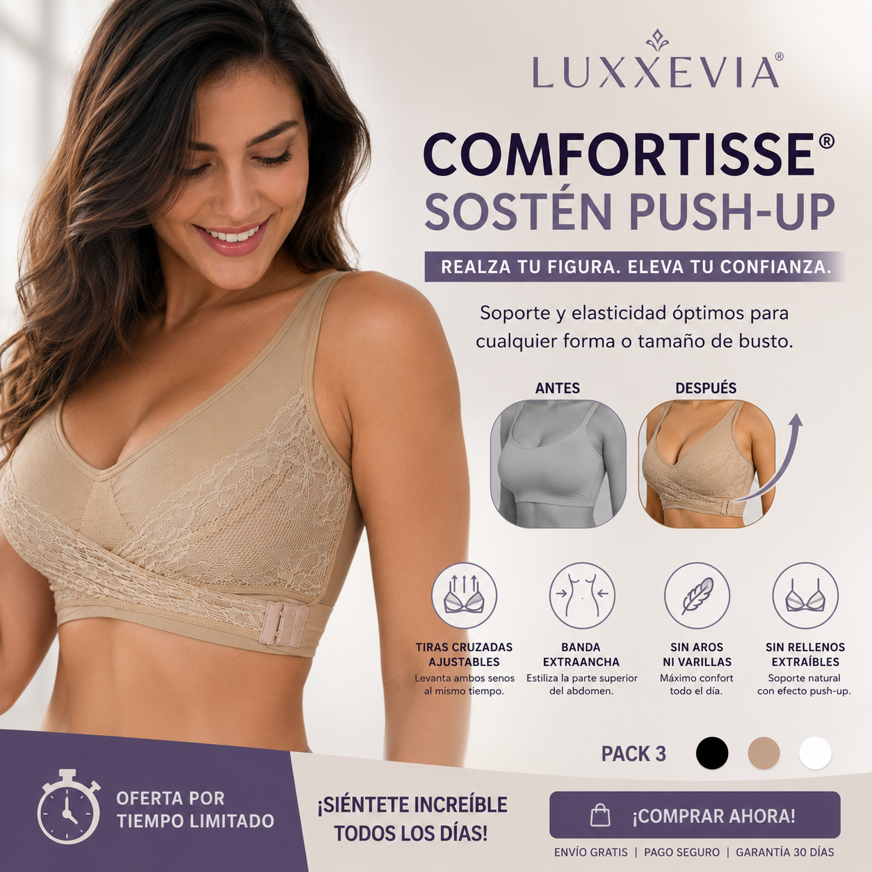 Luxxevia Push Up Bra — Sujetador Sin Costuras, Realce Natural (Set 3)