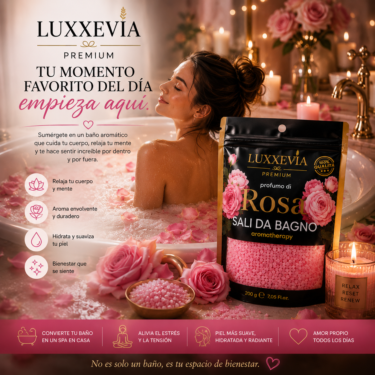Sal de Baño Aromatherapy Rosa 200g – Belleza, Relajación y Aroma Floral para el Alma